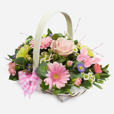 Pretty Perfect Basket - It’s pretty. It’s perfect. A floral basket overflowing with pastel-shaded picks, neatly arranged with foliage and topped with a bow*. An ideal gift, whatever the occasion. (*Available in pink or blue)
